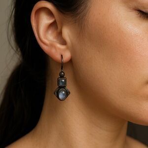 Silver Earrings Glass stones hook pierced vintage 1”